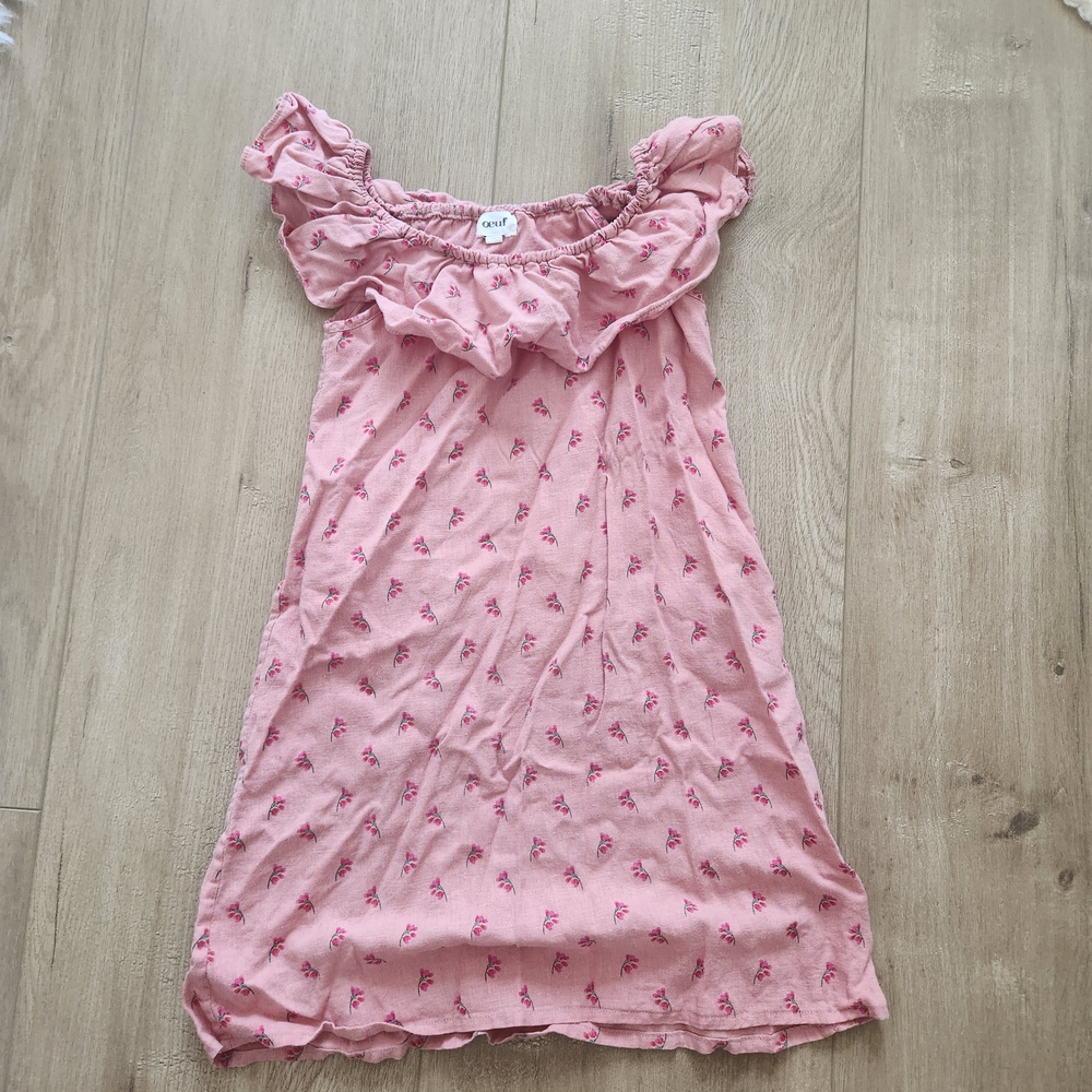 Oeuf Pink Ruffle Neck Cotton Dress with Tiny Floral Print